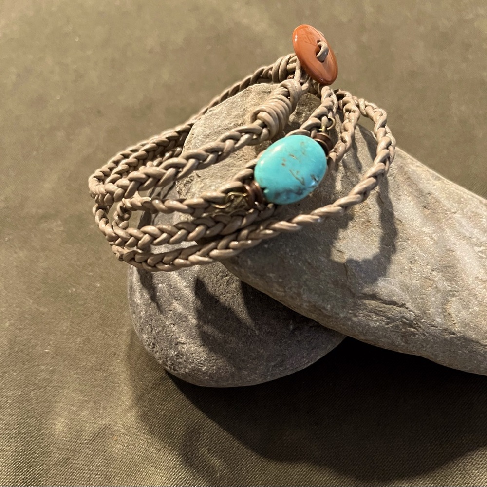 Boho braided leather cord wrap bracelet with Turquoise center oval stone